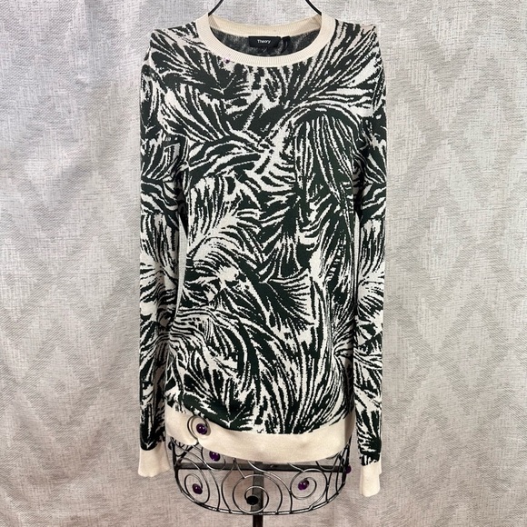 Theory green & cream printed silk & cashmere blend sweater size S - Picture 1 of 8